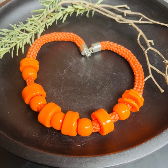 Chunky Orange Beaded Necklace | Rope Strung Vintage Y2K Jewelry | Colorful - Picture 3 of 5